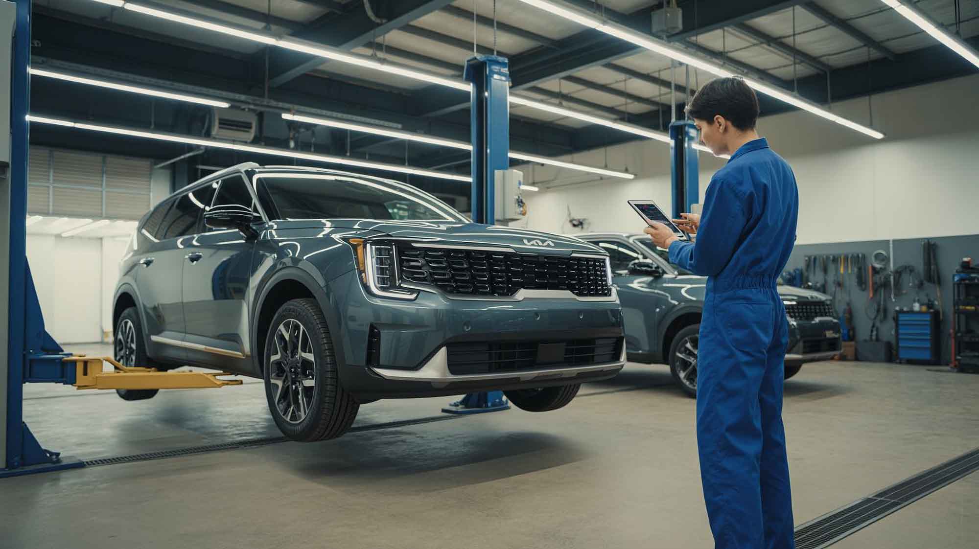 ADAS Calibration Services ADAS Calibration Services - Tech Standing in front of Kia SUV on lift - Action Colors