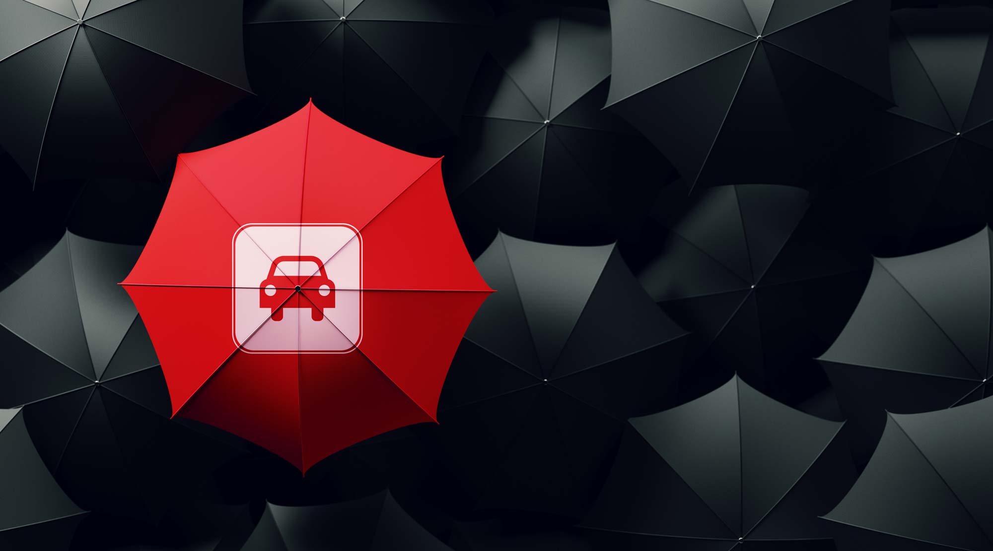 Red Umbrella Surrounded By Black Umbrellas – Car Insurance Concept