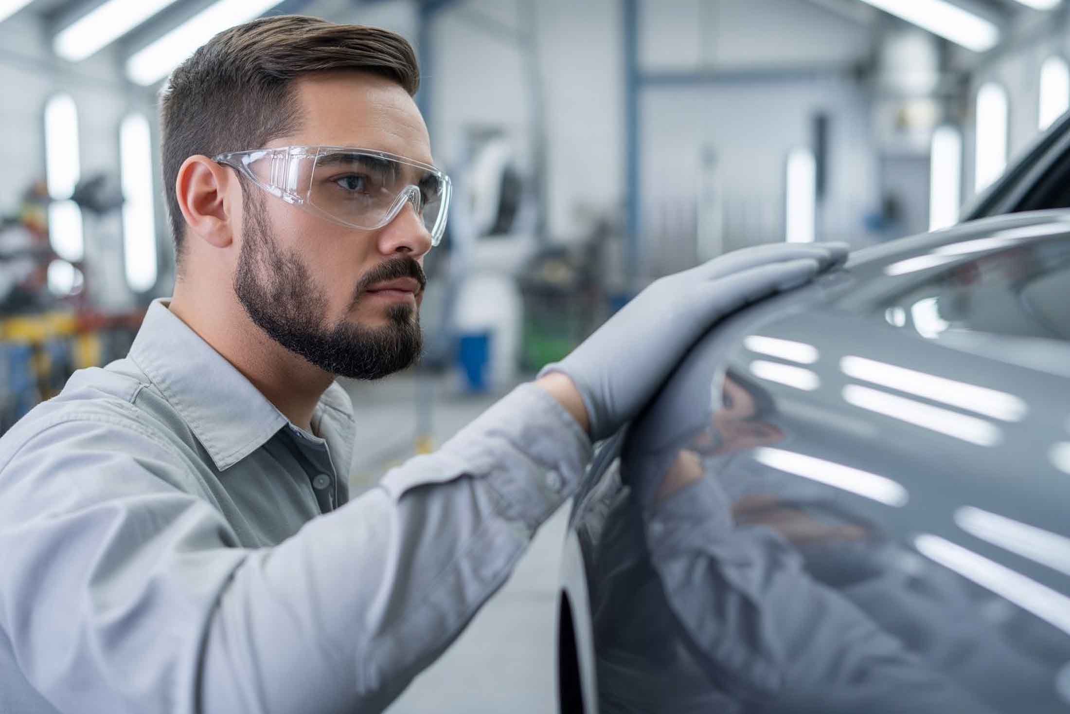 Technician Inspecting paint on silver vehicle - I-Car Gold Class Facility - Action Colors Tallahassee Florida