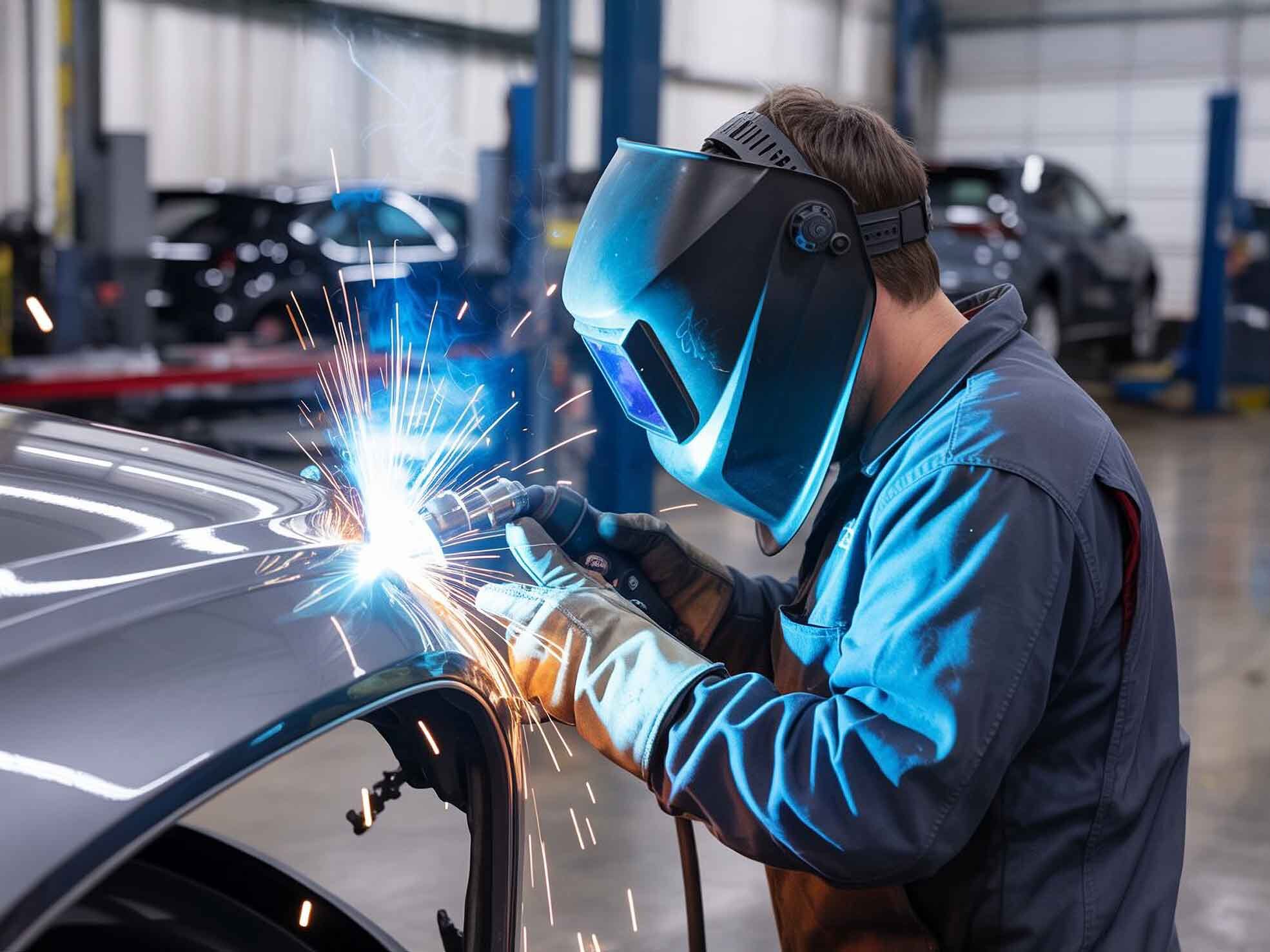 Technician welding on hood of vehicle - collision repair services tallahassee - action colors