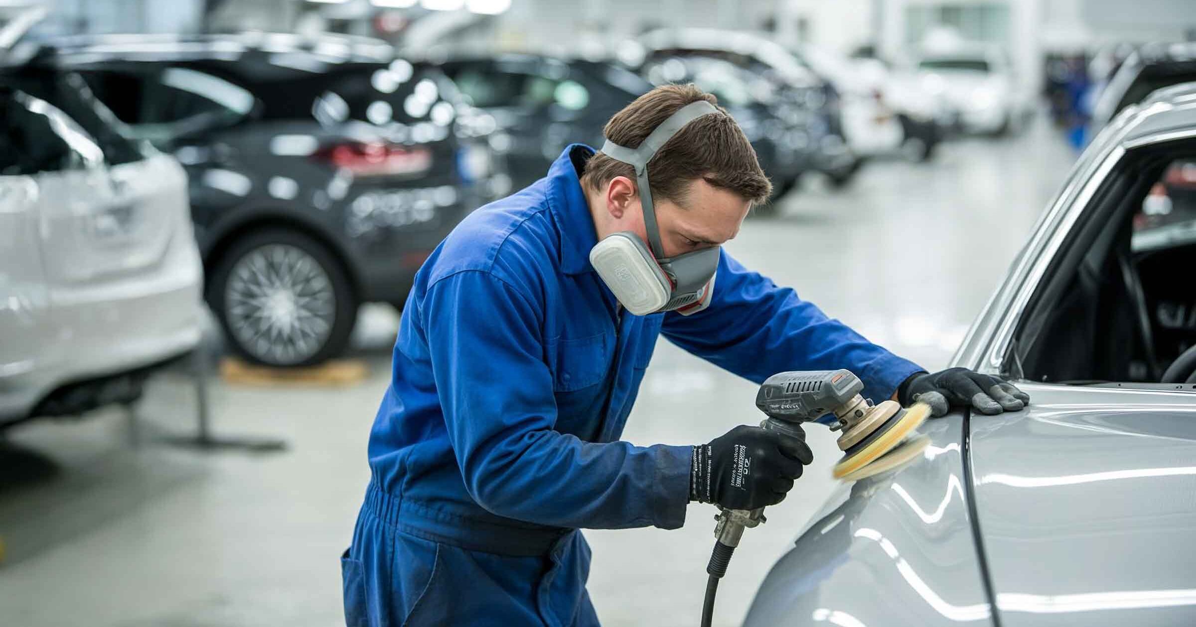 technician polishing fender of silver vehicle - i-car gold class facility - action colors tallahassee florida